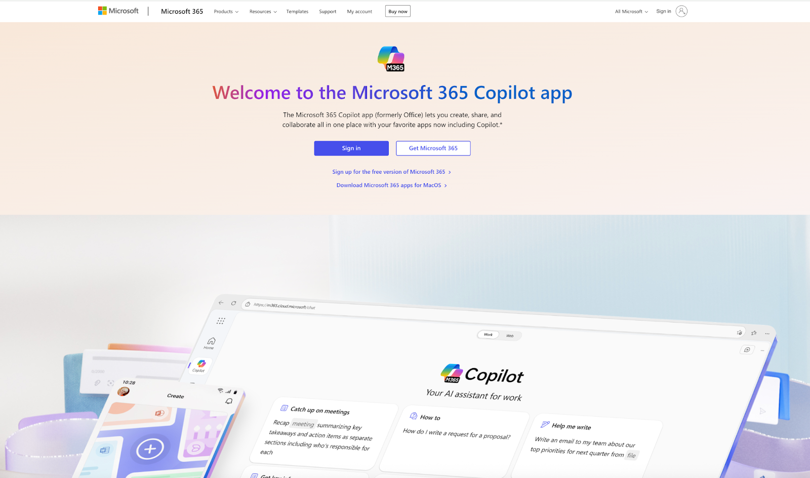 The Microsoft 365 Copilot webpage